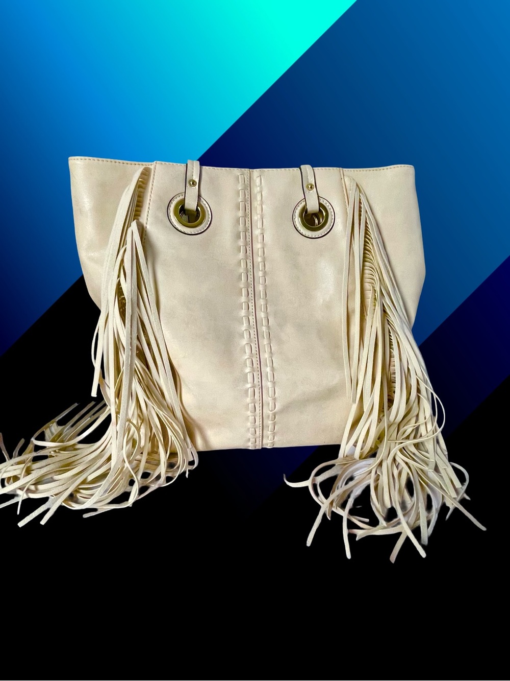 Mossimo Supply Co. Cream Faux Leather Fringe Boho Tote Bag - Picture 5 of 8